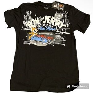 Tom and Jerry Auto Repair T-Shirt Size S (8) Black Vintage Cartoon Graphic Tee